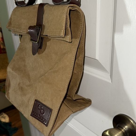 Eco-Beige Brown Leather-Trimmed Brown Paper Bag Crossbody Bag Recycled 9x11x5.5 - Picture 5 of 11